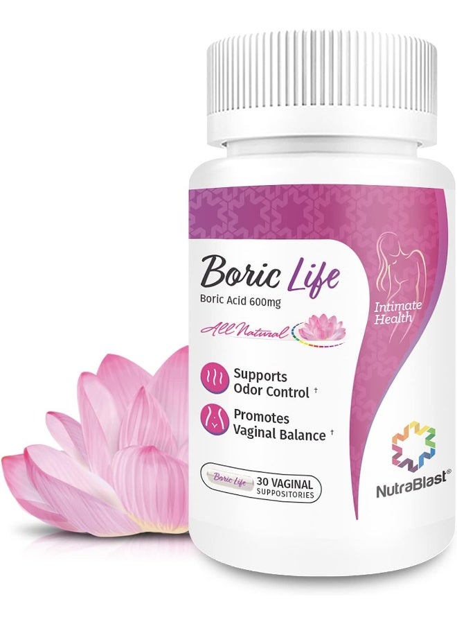 NutraBlast Boric Acid Vaginal Suppositories - 30 Count, 600mg - Boric Life Intimate Health Support - Image 1